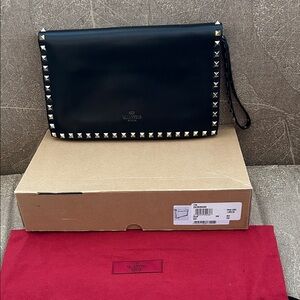 Valentino Black Leather Clutch with Gold Studs